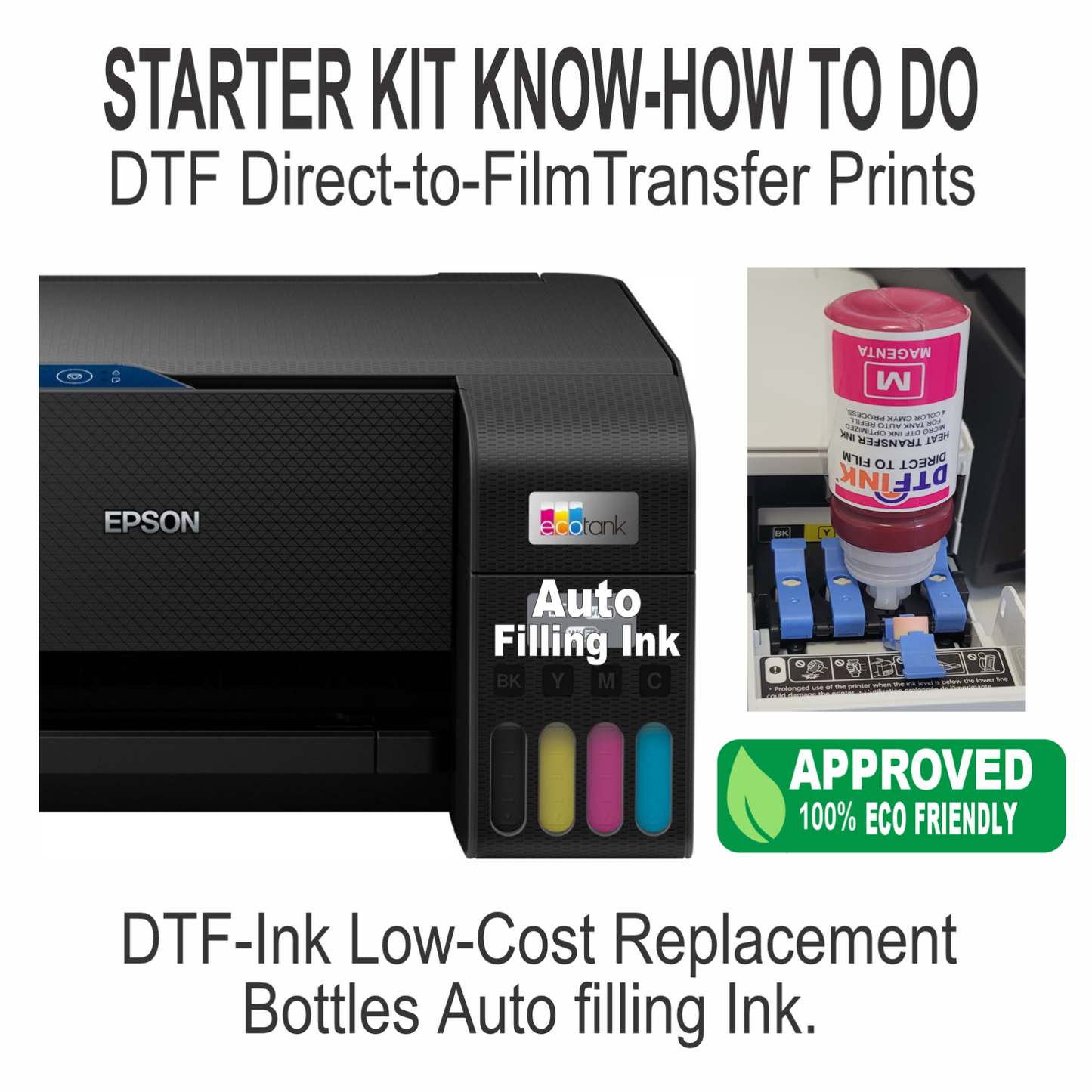 Epson Printer with DTF Ink Heat Transfer Full-Color T-Shirt Prints Start Bundle