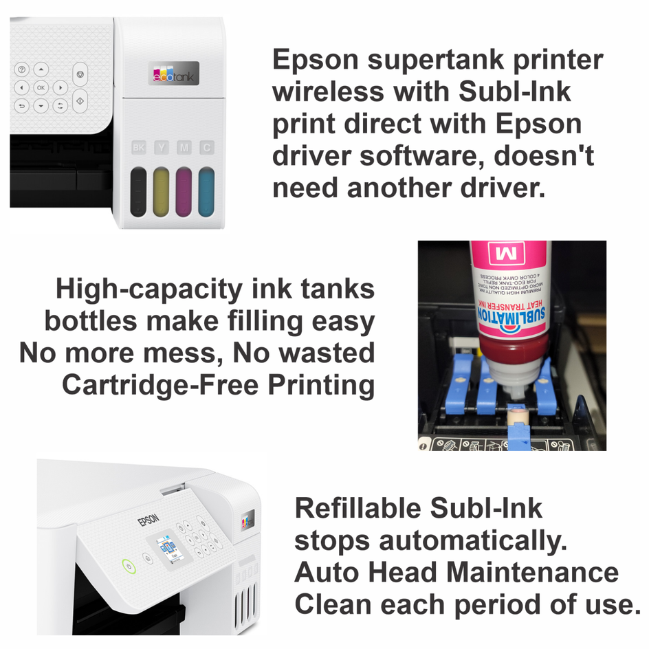 Epson Tank Printer with Sublimation ink + DTF T-Shirt Maker + Bundle Start KIT
