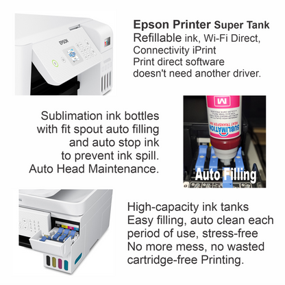 Epson Printer with Sublimation Ink Transfer 5 in 1 Heat Press +DTF Start Bundle